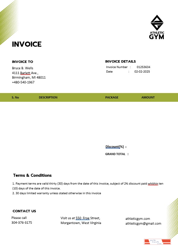 Fitness Trainer Coach Invoice Template PSD template